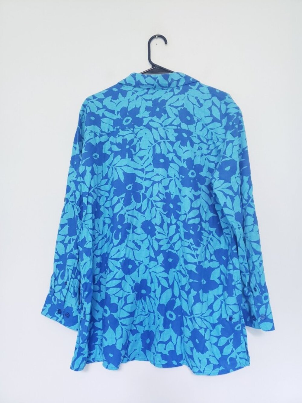 Vtg Jaclyn Smith Womens Plus 16 Blouse Linen Blend Bright Blue Floral Button Up - Picture 2 of 5